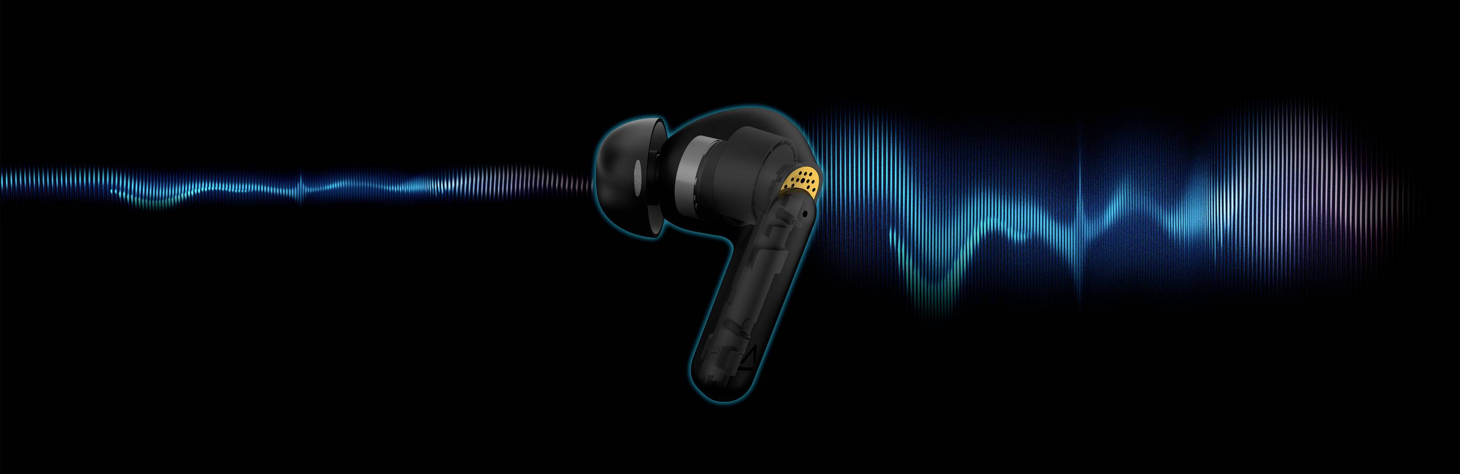 A black wireless earphone with a yellow logo, surrounded by blue sound waves on a black background, symbolises sound quality.