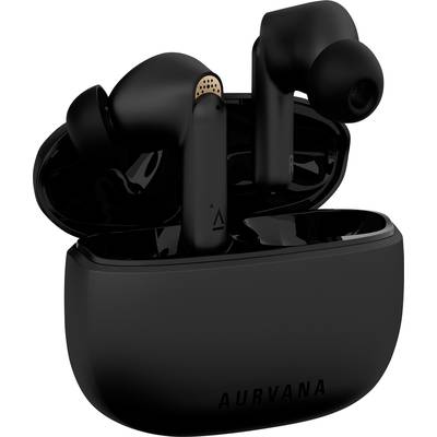 Wireless black earbuds in an open charging case, with 'Aurvana' on the front of the case.