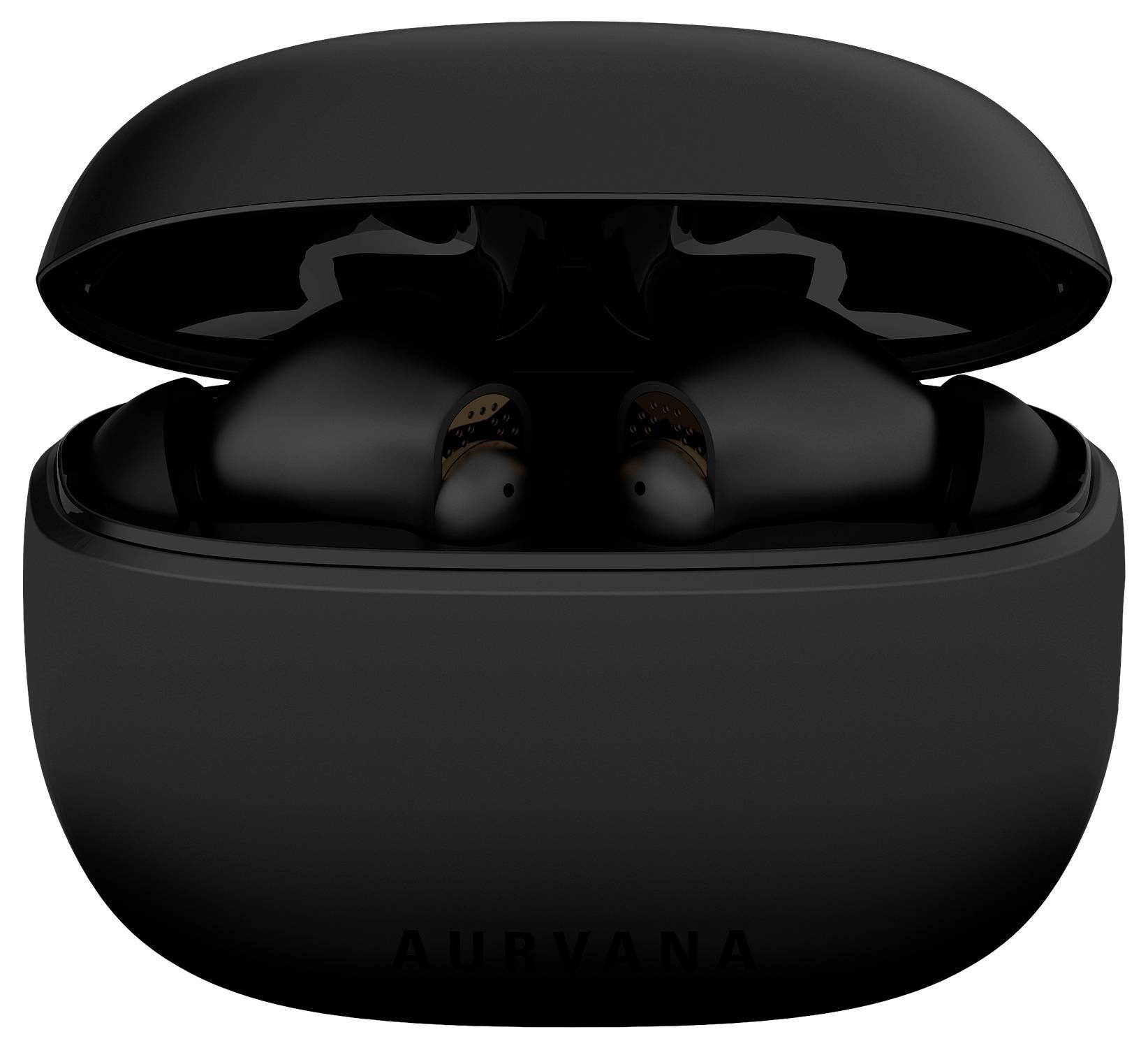 A black charging case shows two wireless earbuds lying inside it.