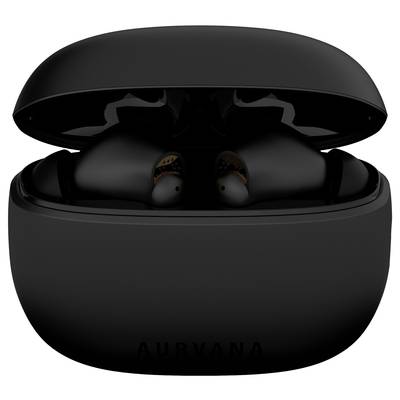 A black charging case shows two wireless earbuds lying inside it.