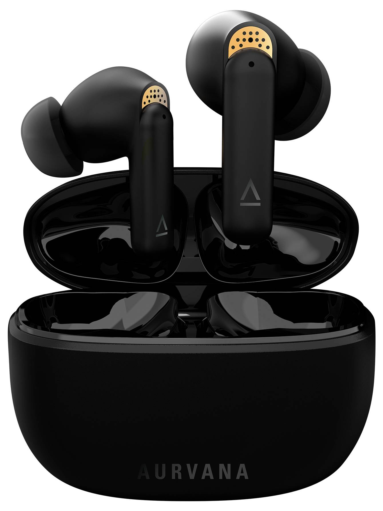 Black wireless earbuds in an open charging case with golden accents and the 'Aurvana' logo on the front.