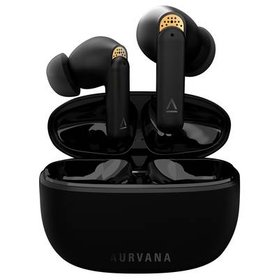 Black wireless earbuds in an open charging case with golden accents and the 'Aurvana' logo on the front.
