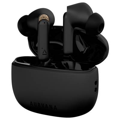 Black, wireless in-ear headphones in an open charging case, front view. 'AURVANA' label on the case.