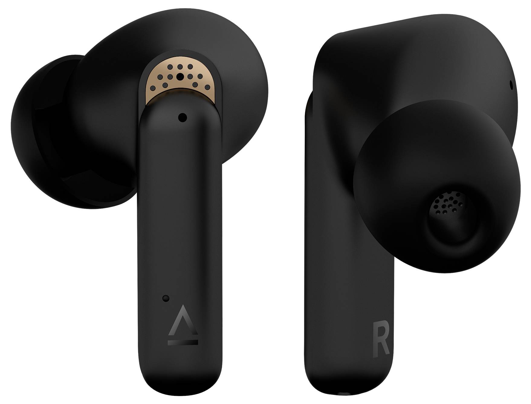 Black wireless earbuds, one with left-right markings. Design with matte finish and bronze accents.