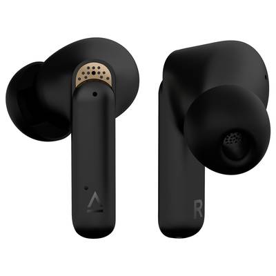 Black wireless earbuds, one with left-right markings. Design with matte finish and bronze accents.