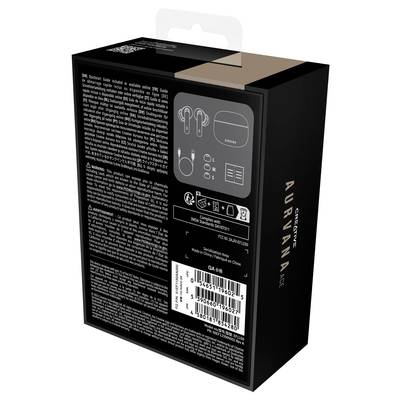 Packaging for an audio device with illustrations of contents: earphones, charging cable, charging case. Includes technical information and barcode.