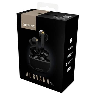 Packaging showing black wireless earbuds by Creative, model 'Aurvana Ace', with charging case pictured.