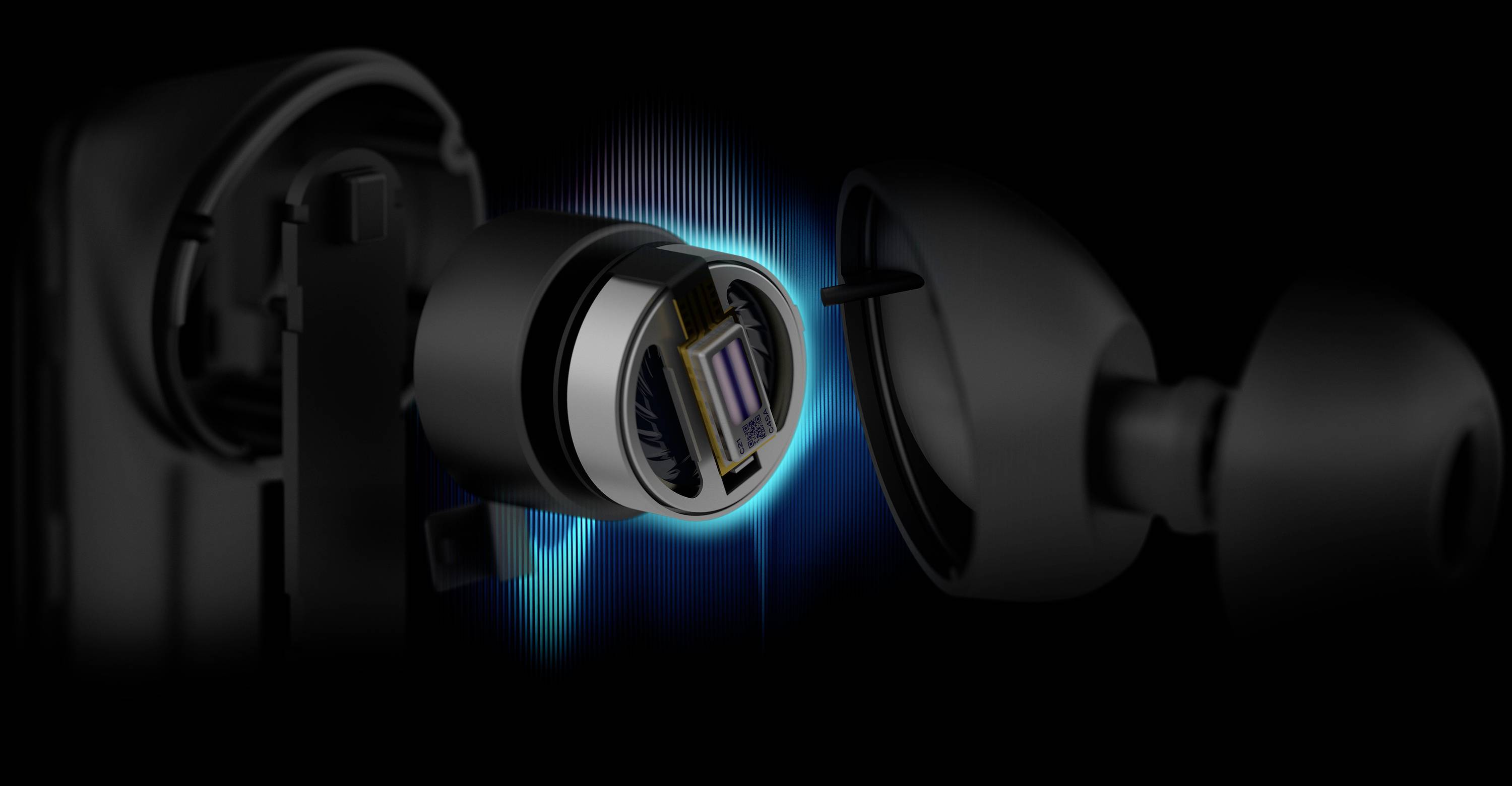 A close-up of a camera lens module with individual components. The lenses emit blue light, suggesting technological sophistication.