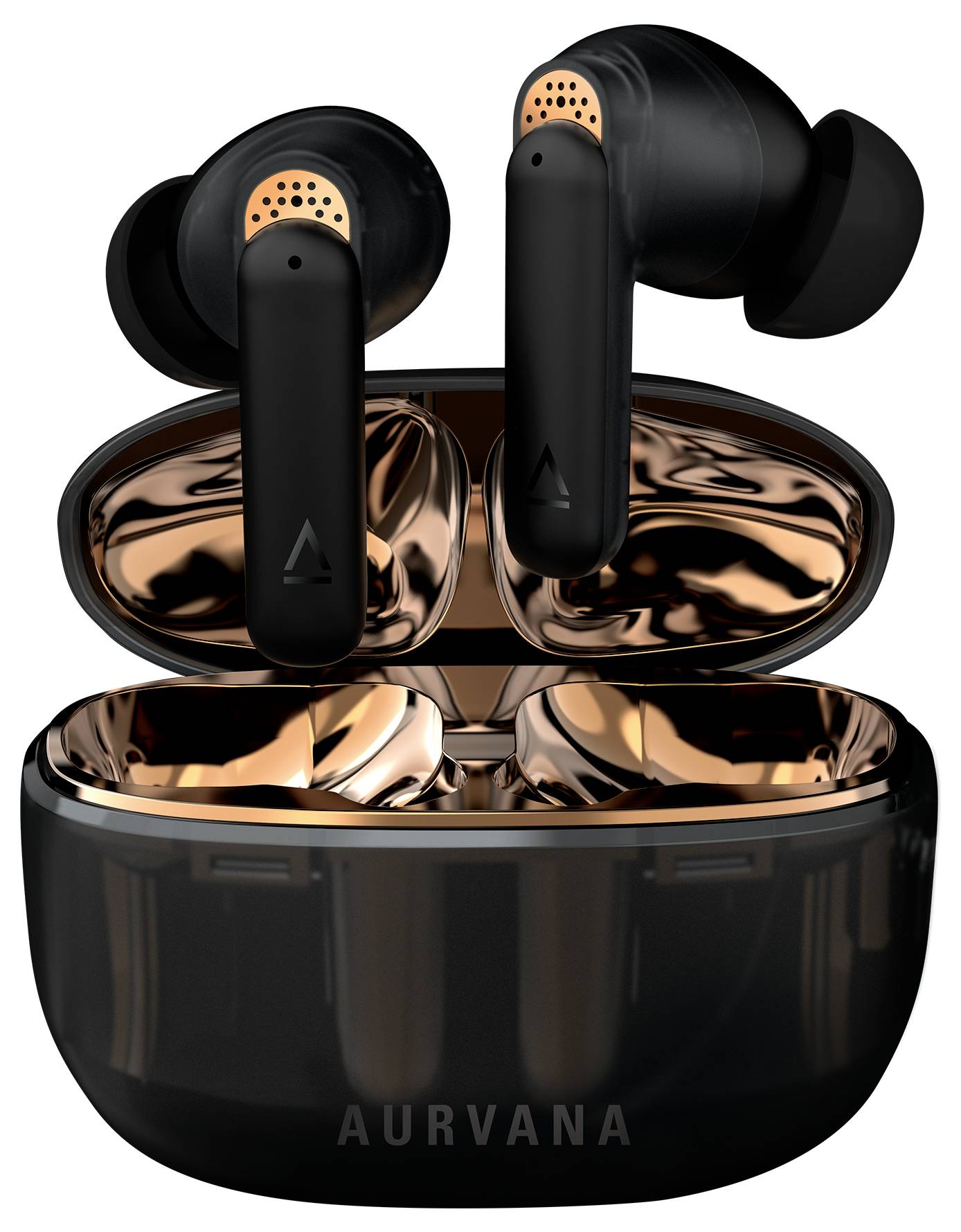 Wireless black earbuds with copper details, open charging case, brand name 'AURVANA' on the front.