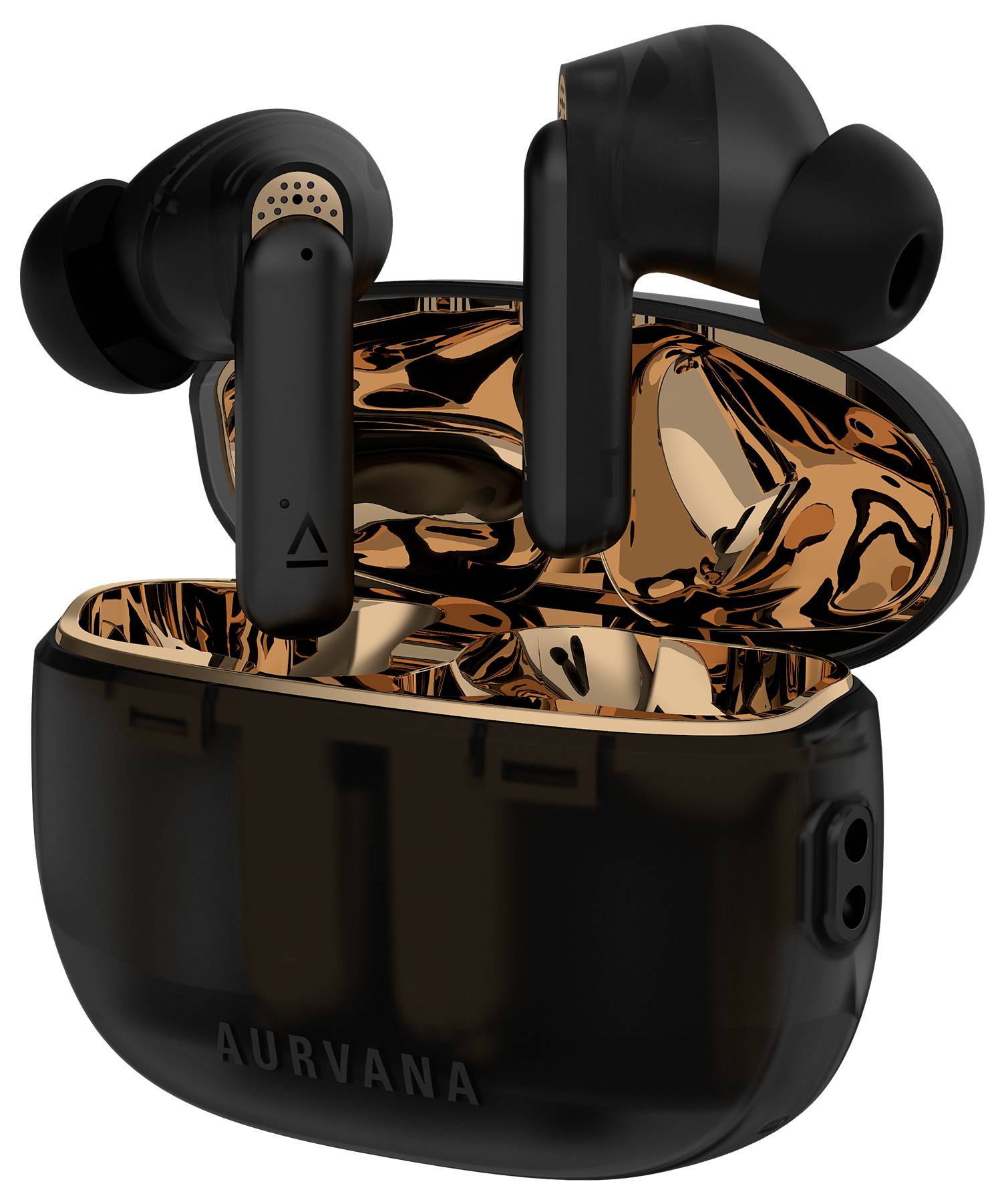 'See black wireless earbuds in an open charging case, copper interior lining visible. Earbuds are standing upright in the case.'