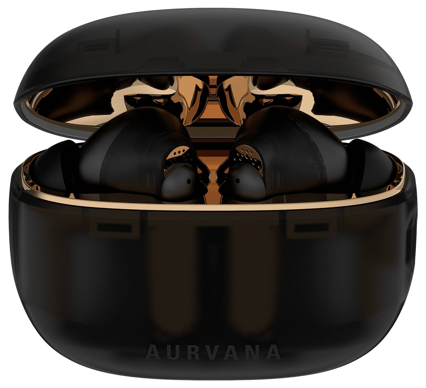 'Black wireless earbuds in an open charging case with golden accents. Brand name "AURVANA" on the front of the case.'