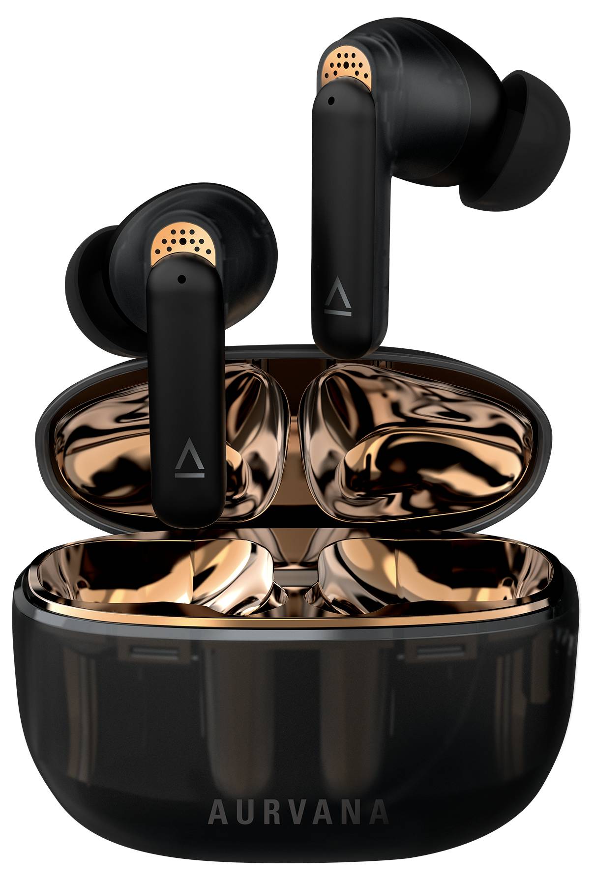 Wireless black earbuds with copper-coloured interior detailing in an open charging case; brand name 'AURVANA' underneath.