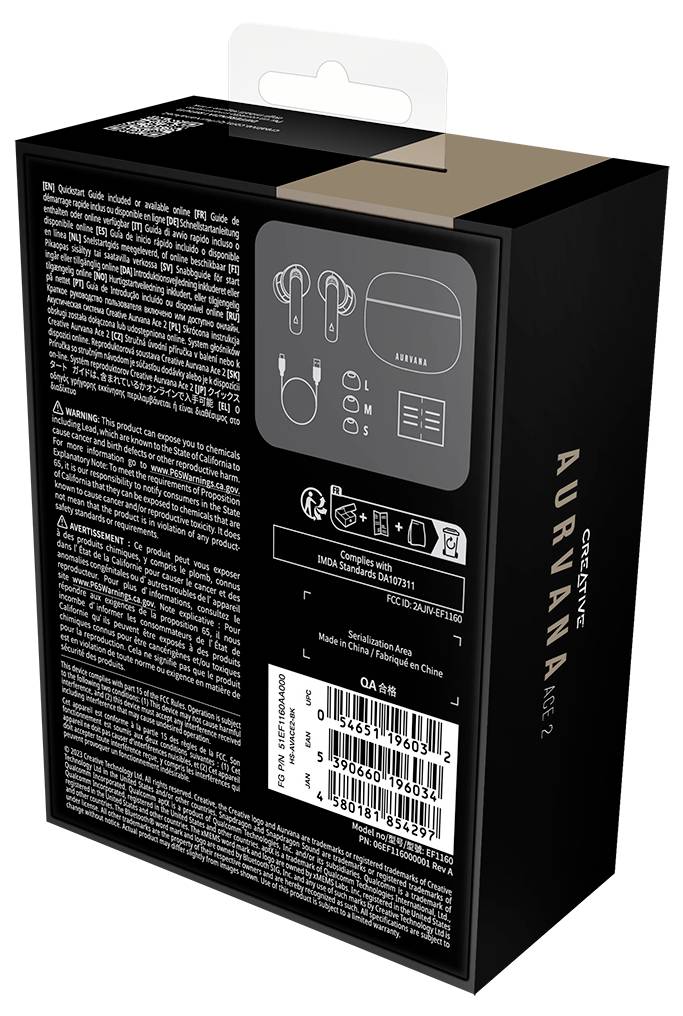 The reverse side of a product packaging with information and diagrams about wireless earbuds, including model number and barcode.