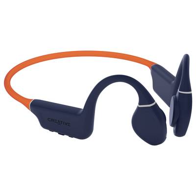 Dark blue bone conduction headphones with an orange neckband, marked with 'Creative'.