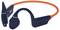 Bone conduction headphones, navy blue design with bright orange band, suitable for safe listening outdoors.