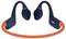 Dark blue bone conduction headphones with an orange neckband, showcasing a wireless sports design style.