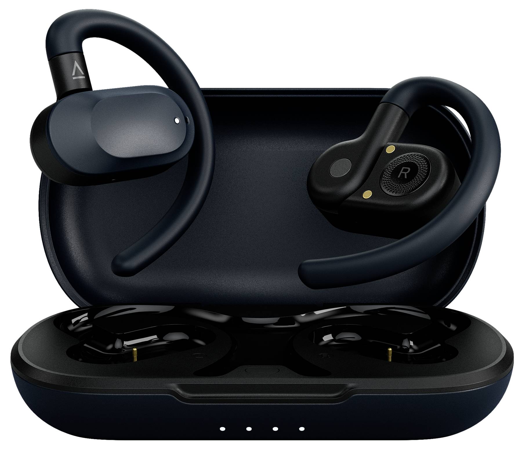 Wireless in-ear headphones with ear hooks, in an open charging case. The earbuds have individual markings for identification.