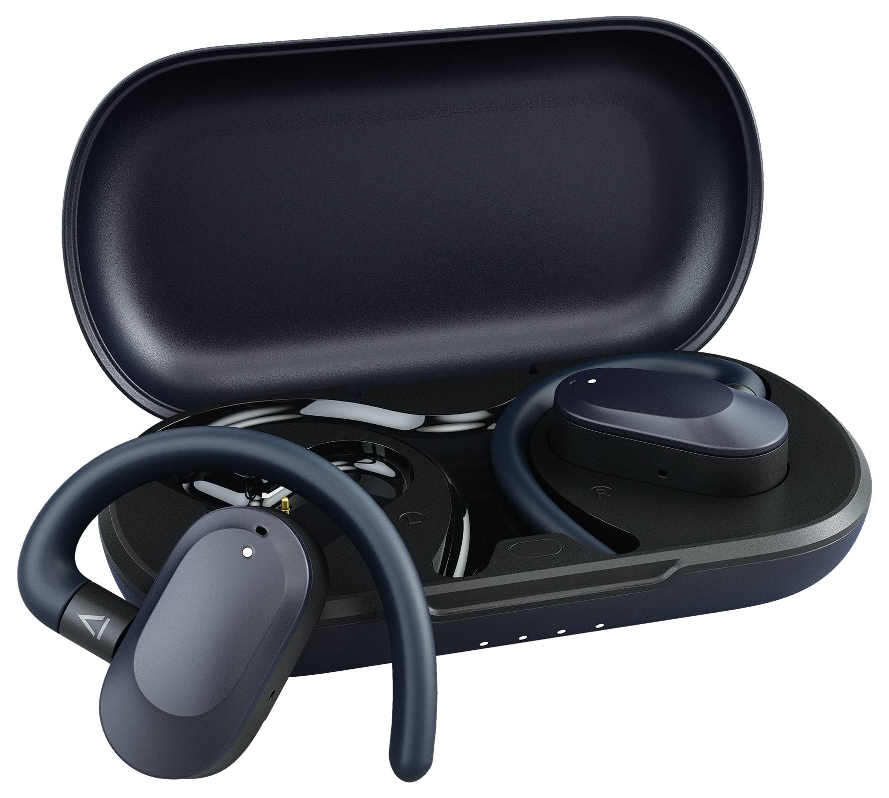Wireless earbuds in an open charging case, highlighting the charging and storage design.