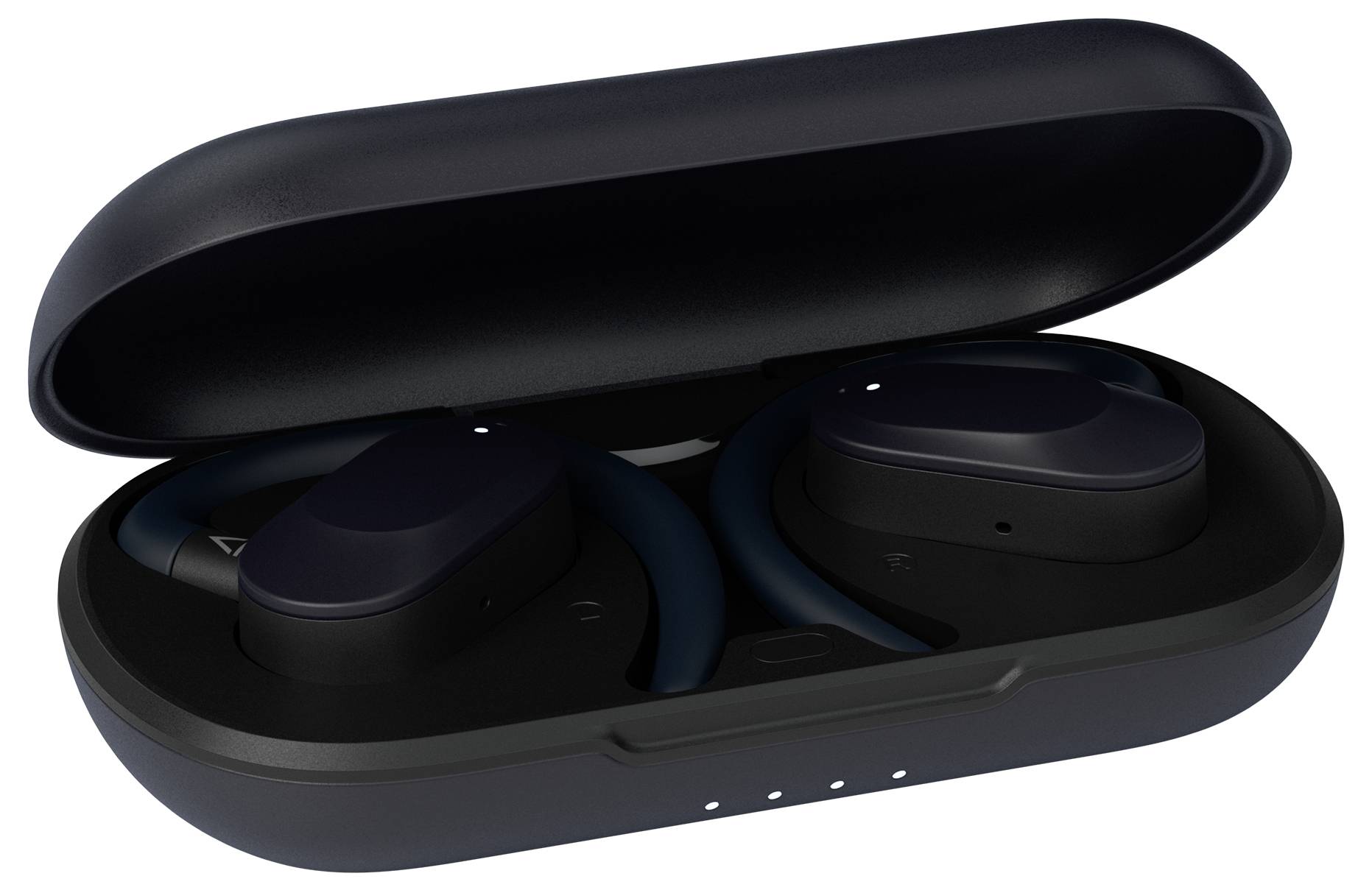 Black wireless earbuds in an open charging case with four LED indicators showing the charging status.