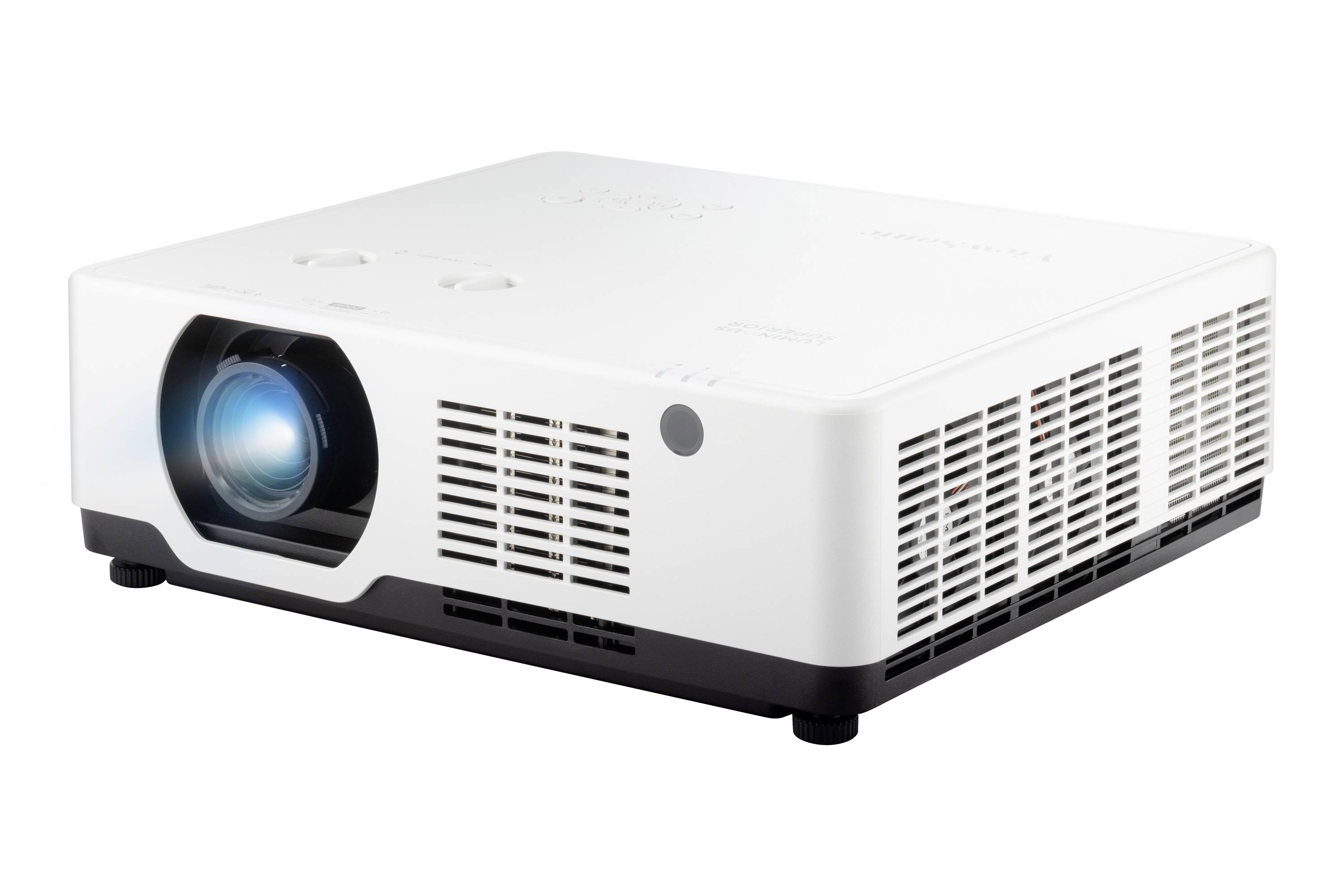White projector with illuminated lens on a table. Device for presentations or films is visually represented.