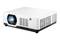 White projector with illuminated lens on a table. Device for presentations or films is visually represented.