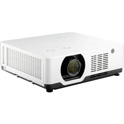 A white projector with multiple ventilation openings and a central lens, suitable for presentations or home cinema.