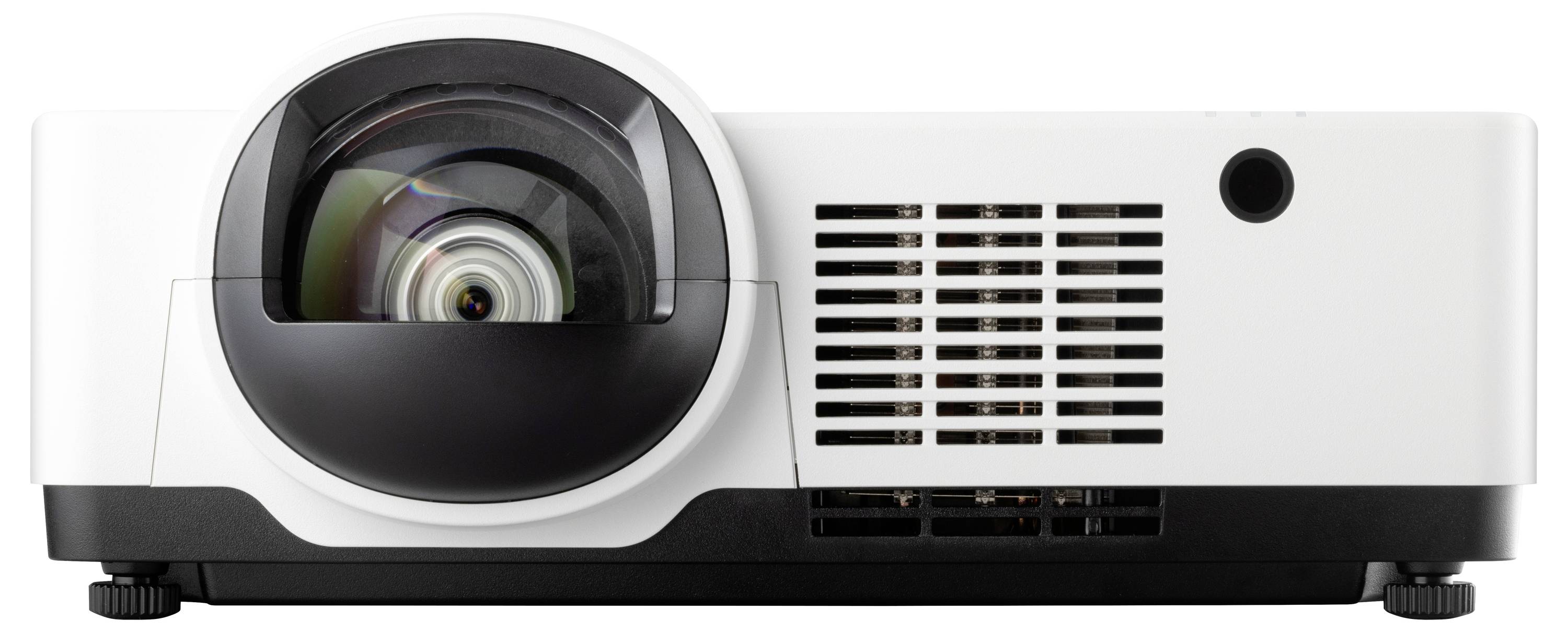 A white short-throw projector with ventilation openings on the side, suitable for presentations or home cinema applications.