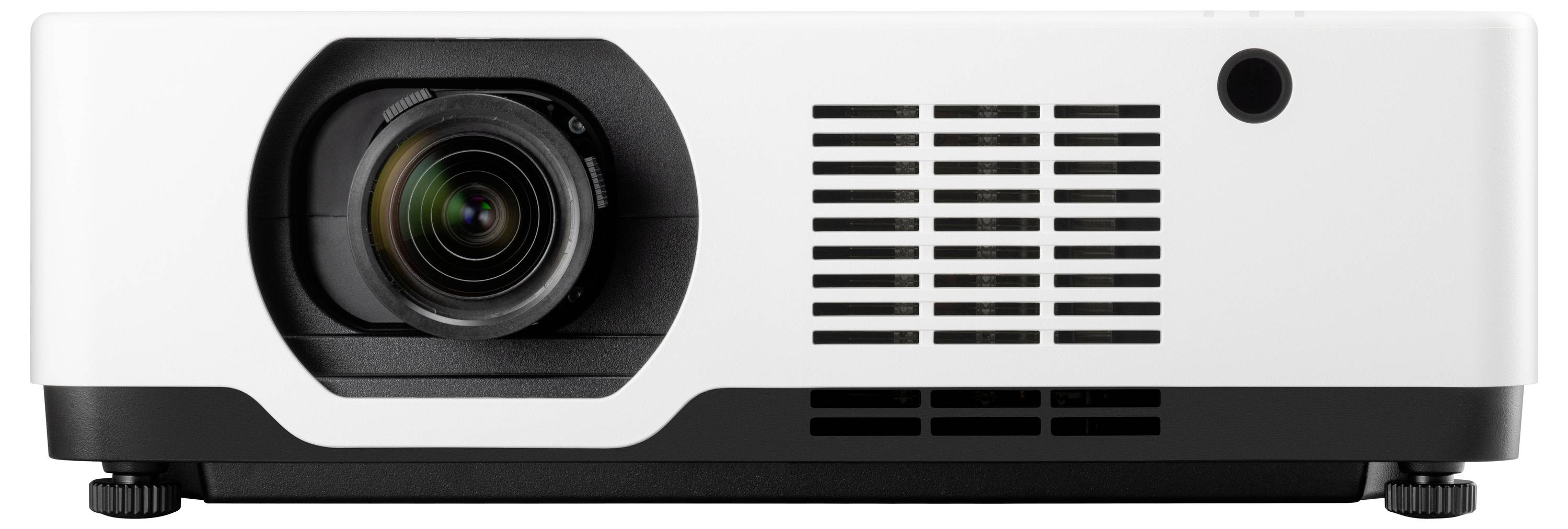 A white projector with a black lens and ventilation slots on the front, sits on a flat surface.