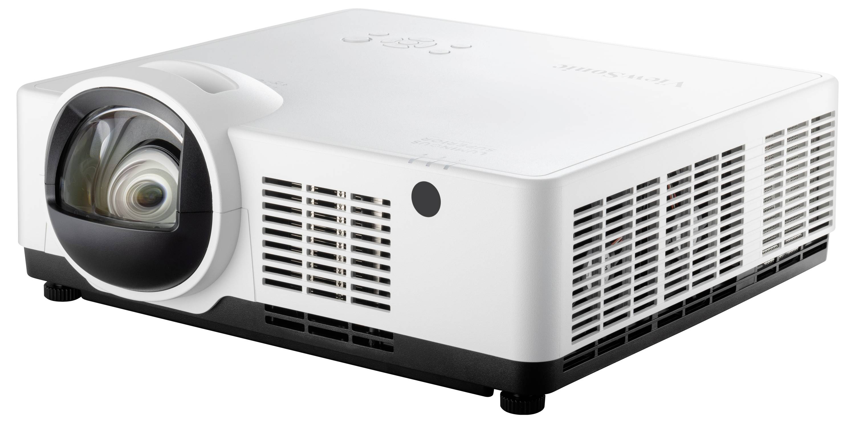 A white projector with ventilation slots on the sides and a large lens on the front, perfect for presentations.