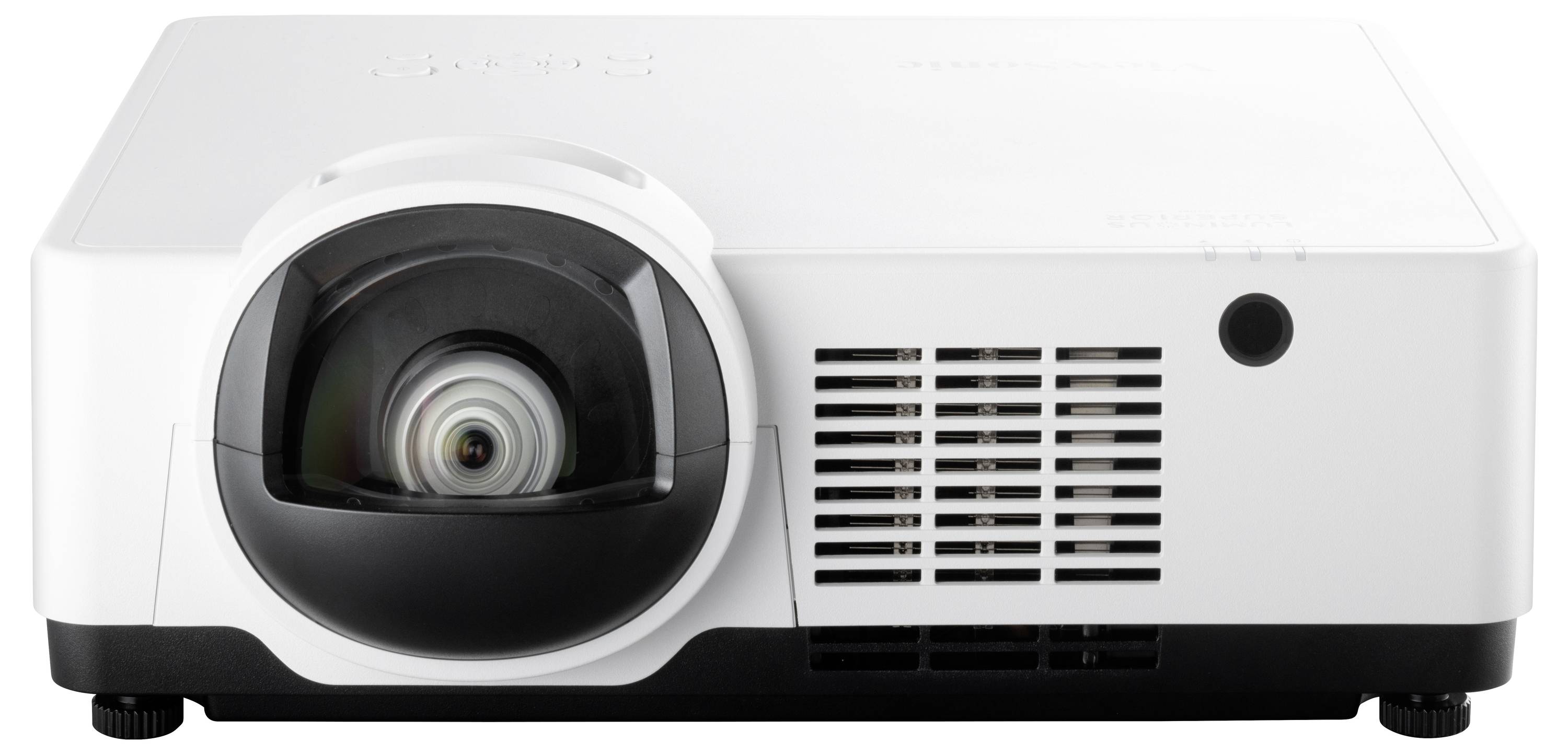 A modern, white projector with a lens and ventilation slots, shown from the front.