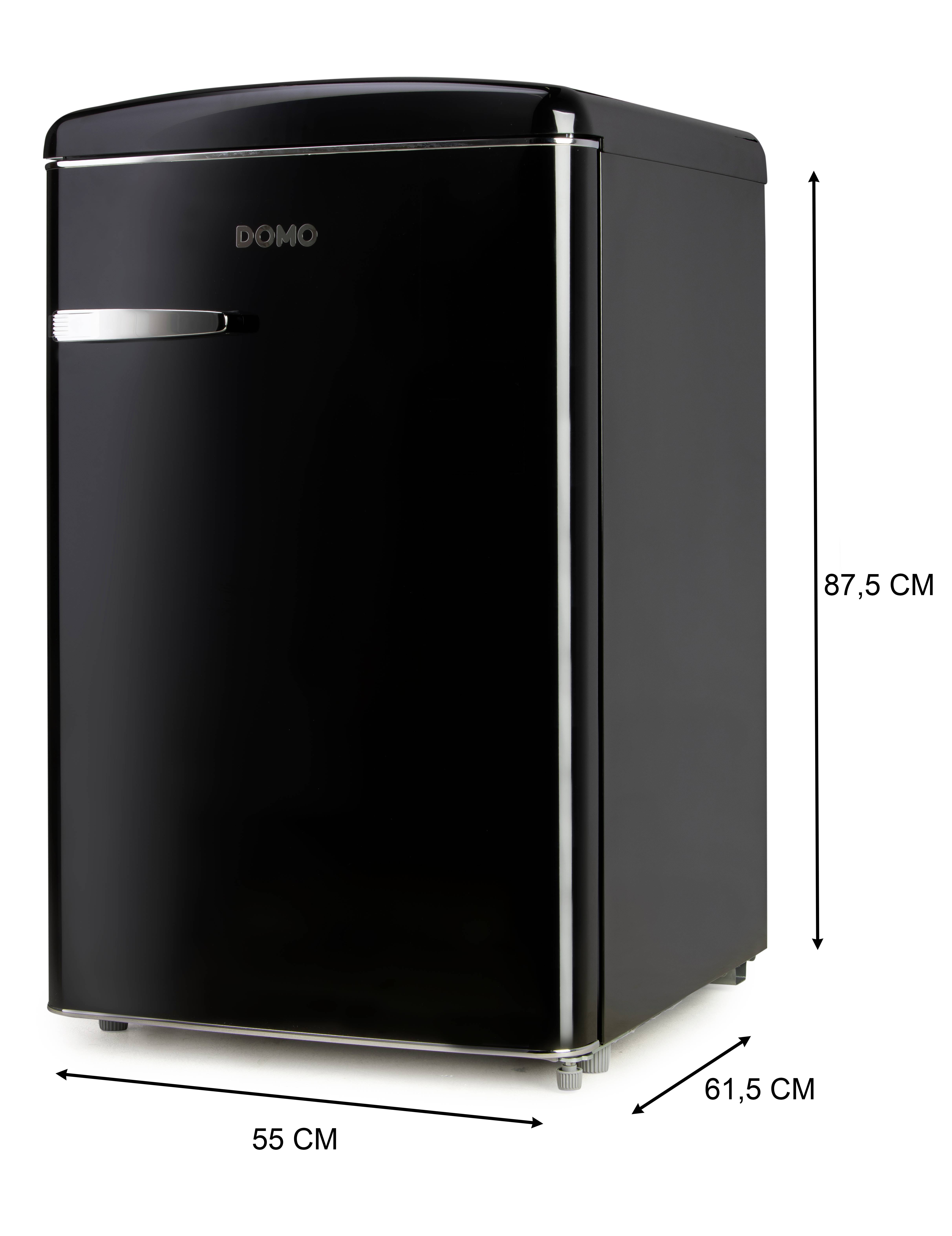 Black, freestanding refrigerator with dimensions: height 87.5 cm, width 55 cm, depth 61.5 cm.