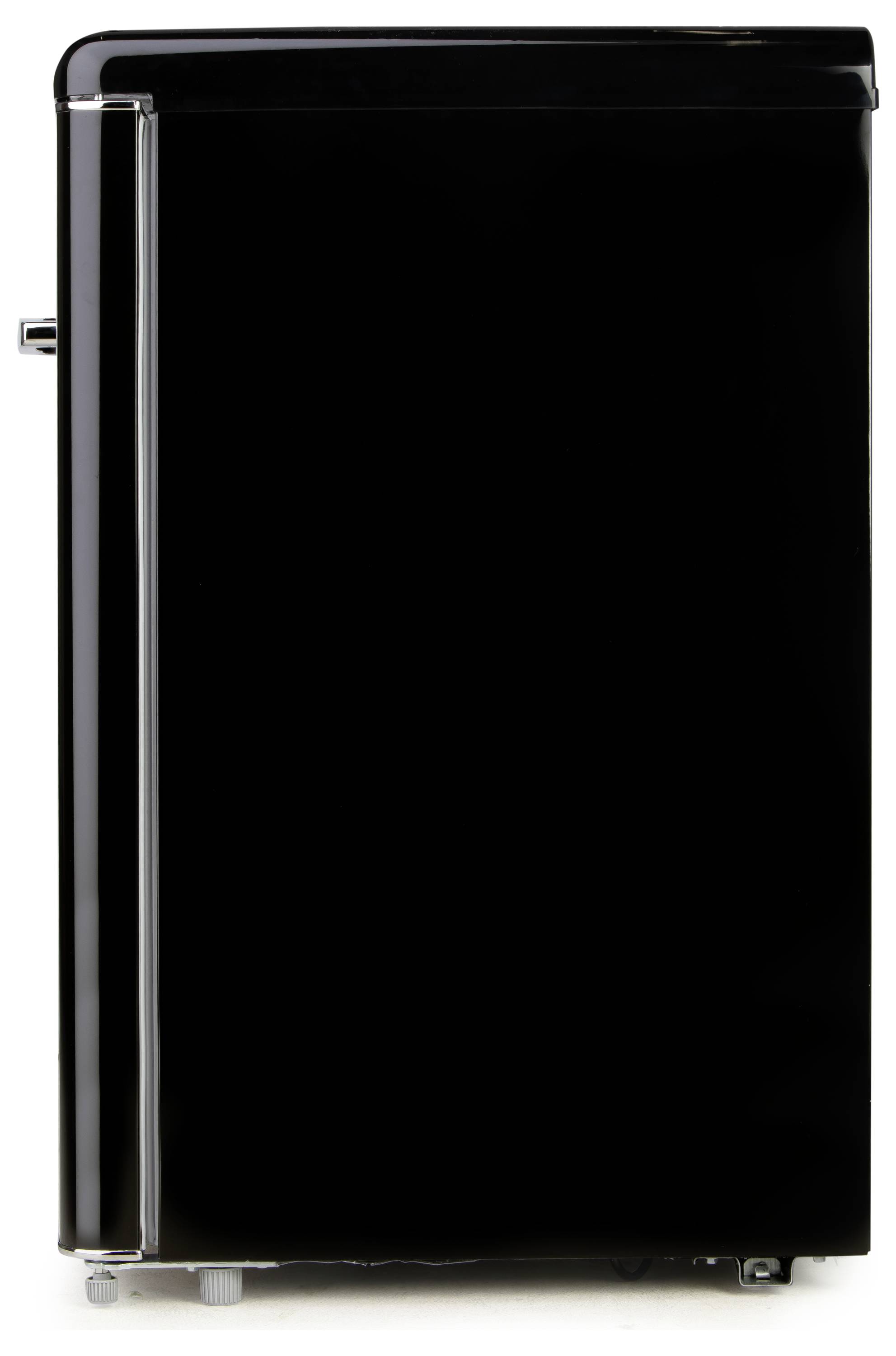 A black mini-fridge in a retro design, photographed from the side. The appliance has a glossy surface and a silver handle.
