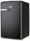 Black freestanding refrigerator with silver handle, minimalist design.