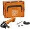 An orange Fein suitcase. In front of it lies an angle grinder with accessories, including a protective guard, a key and a disc.