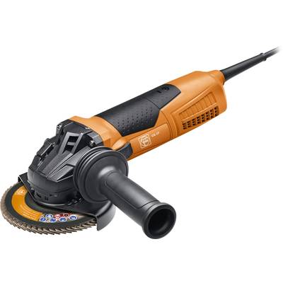 An orange angle grinder with a black handle, suitable for grinding and cutting work in workshops or on construction sites.