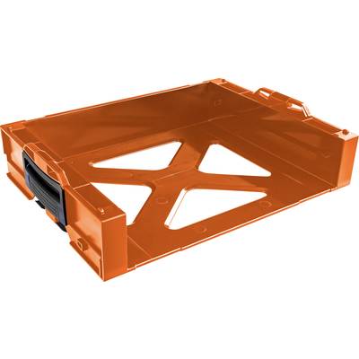 An orange plastic basket with a handle, suitable for storage or transportation of items.