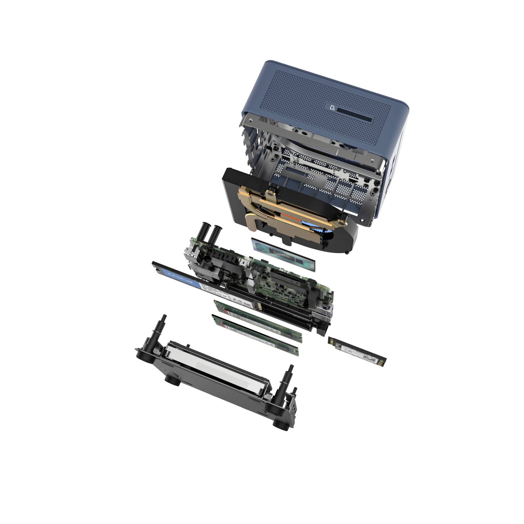 Exploded diagram of a computer with separate components: case, motherboard, RAM, cooling system, and storage are visible for technical analysis.