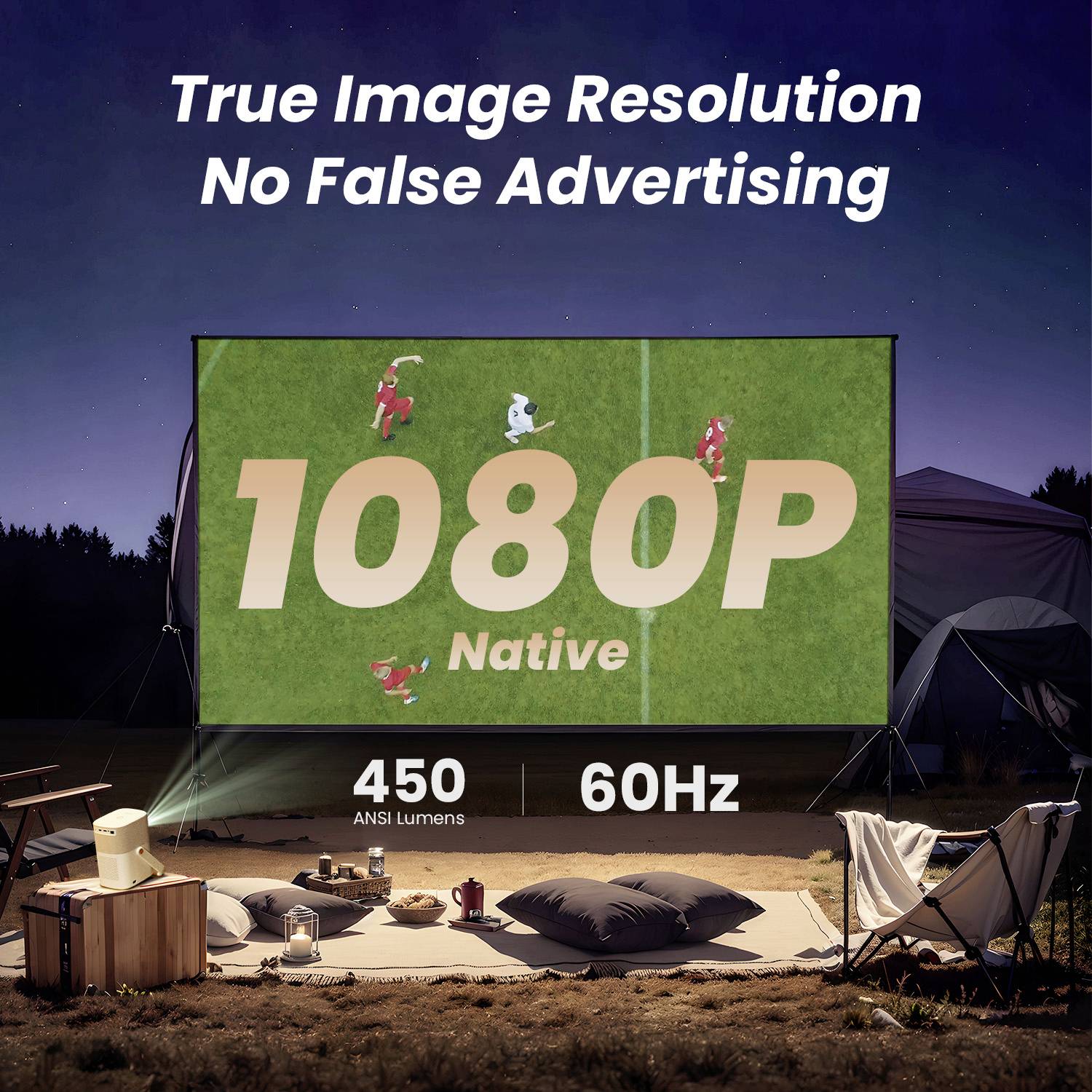 Outdoor canvas with film projection in '1080P Native', marketed as 'True Image Resolution', 450 ANSI Lumens and 60 Hz.