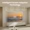 A living room with a projector displaying a sunset image on the wall. Text: 'Intelligent Screen Adaption Technology'.