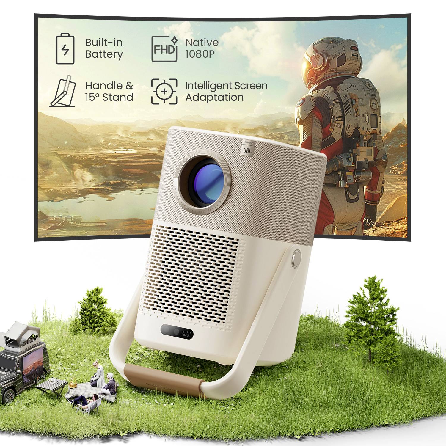 'Portable projector with built-in battery and FHD 1080P. Image of an astronaut on large screen. Carry handle and 15° stand.'