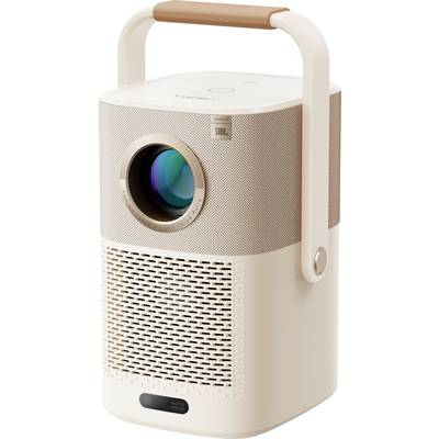 Portable projector in a beige housing with a leather handle and JBL logo, suitable for home cinema applications.