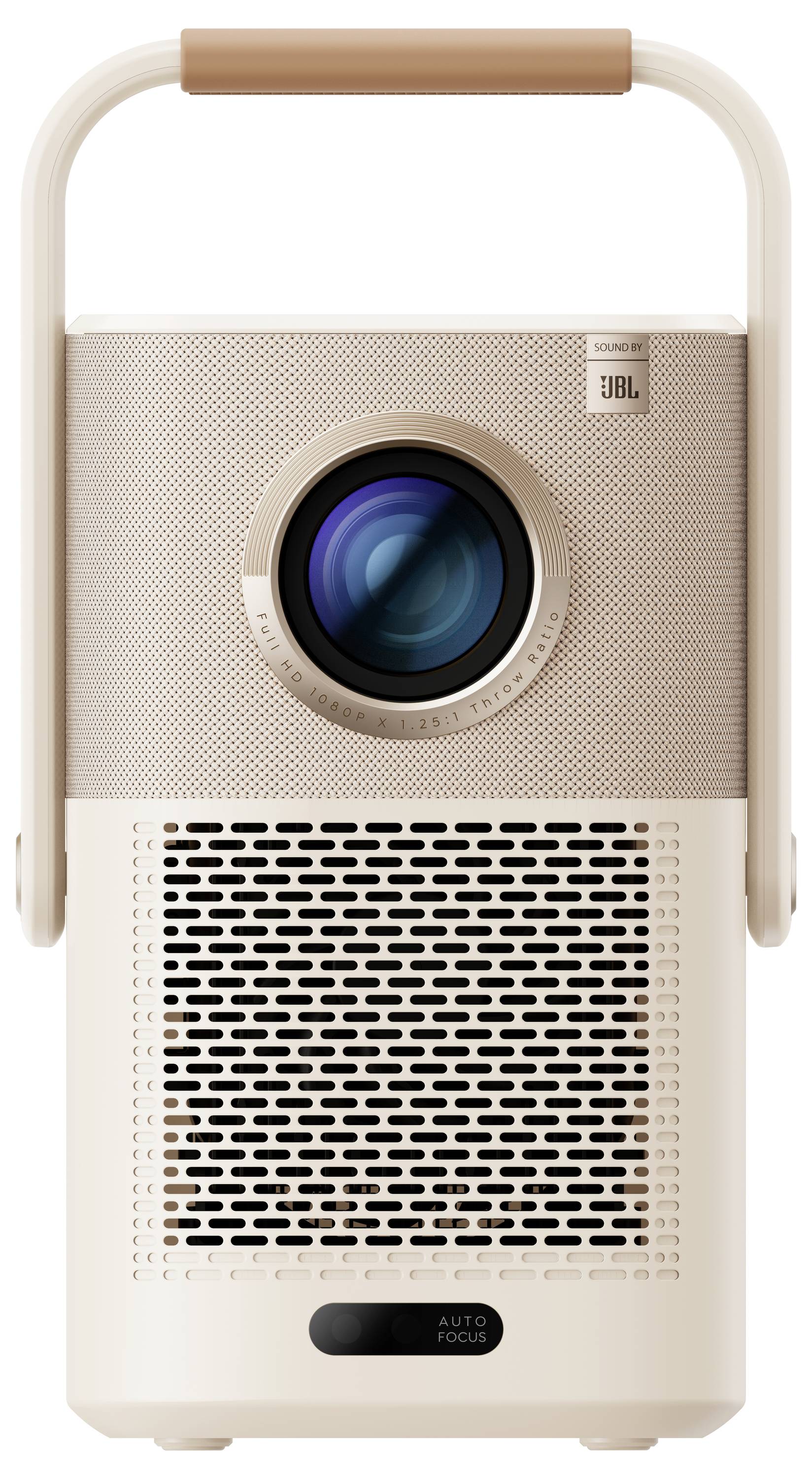 A portable projector with a large lens and an integrated speaker in a modern, minimalist design.