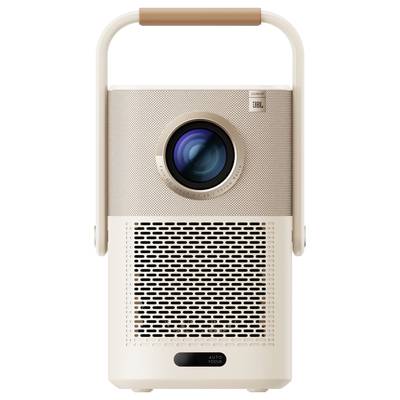 A portable projector with a large lens and an integrated speaker in a modern, minimalist design.