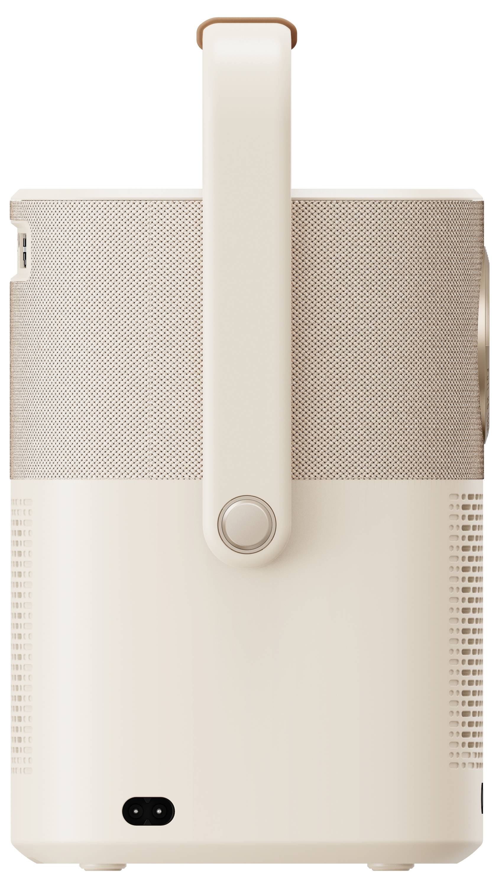 Portable Bluetooth speaker in beige with integrated handle.