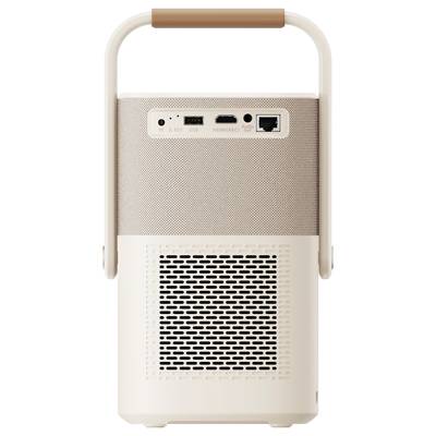 A portable speaker with a handle on top. At the back, there are connections for USB, HDMI, and network.
