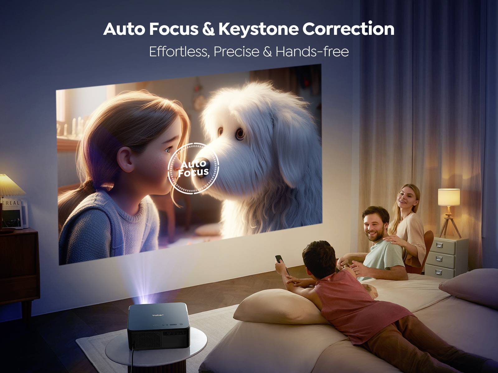 Family watching a happy film on a large screen with a projector. Text: 'Auto Focus & Keystone Correction. Effortless, Precise & Hands-free'.