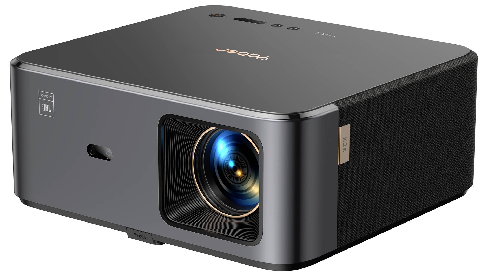 A modern black projector with a luminous lens, rectangular in shape, suitable for home cinema or presentations.