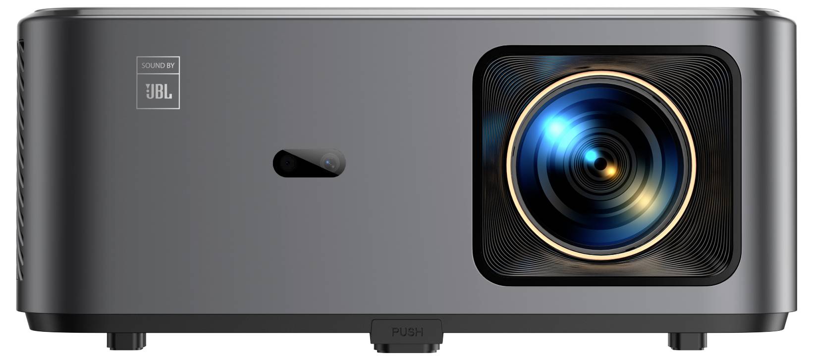 A black projector with a glowing lens on the right side. A JBL logo is visible on the left side.
