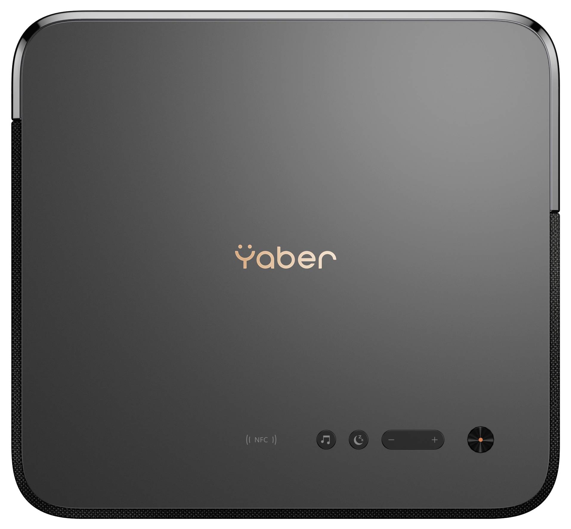 A black projector from Yaber with a minimalist design. The top surface displays the company logo and controls for NFC and volume.