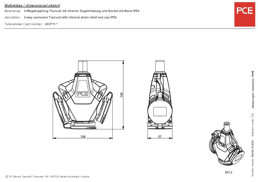 'Dimensional sketch of a 3-way coupling Tauri21 with cable strain relief and cover, IP54. Dimensions: Width 118 mm, Depth 136 mm, Height 180 mm.'